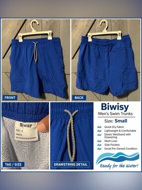 Biwisy Men’s Royal Blue Quick-Dry Swim Trunks - Size Small